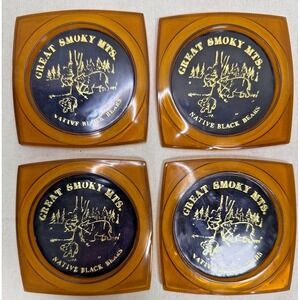 Vintage Great Smoky Mts Coasters Amber Plastic Native Black Bear Set 4